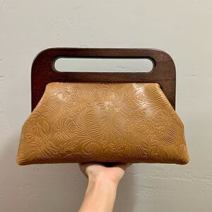 Handmade Genuine Leather Embossed Leaves Large Wood Frame Bag/Crossbody